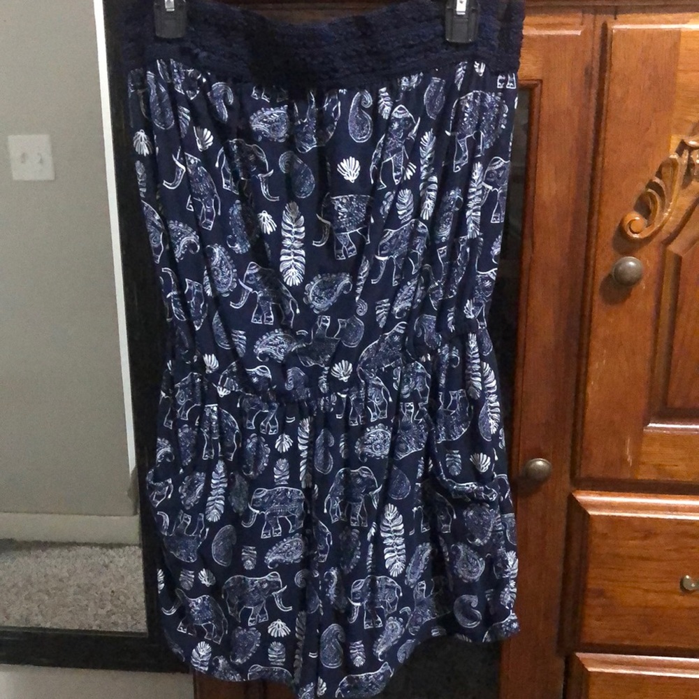 Strapless elephant print romper with pockets!
